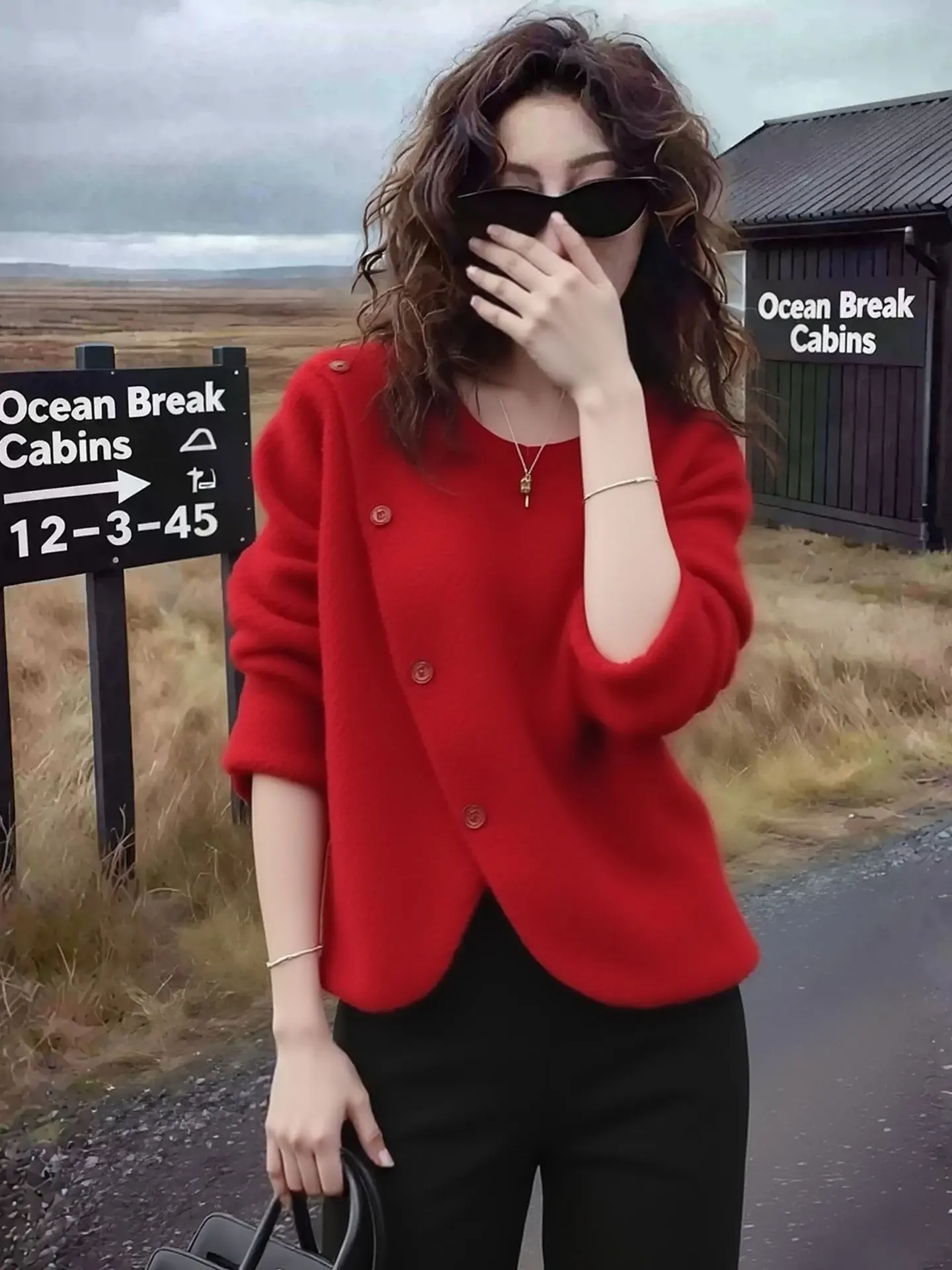 

Loose Long Sve Knitted Sweater Red New Year Lazy Sle Women's Casual Commute Faion Spring 2026 Comfortable Midweight Wo...