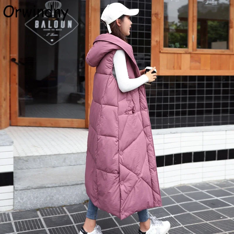 

Orwindny Long Warm Vest Coat Hooded Slim Fashion Solid Waistcoat High Street Parkas Sleeveless Snow Wear