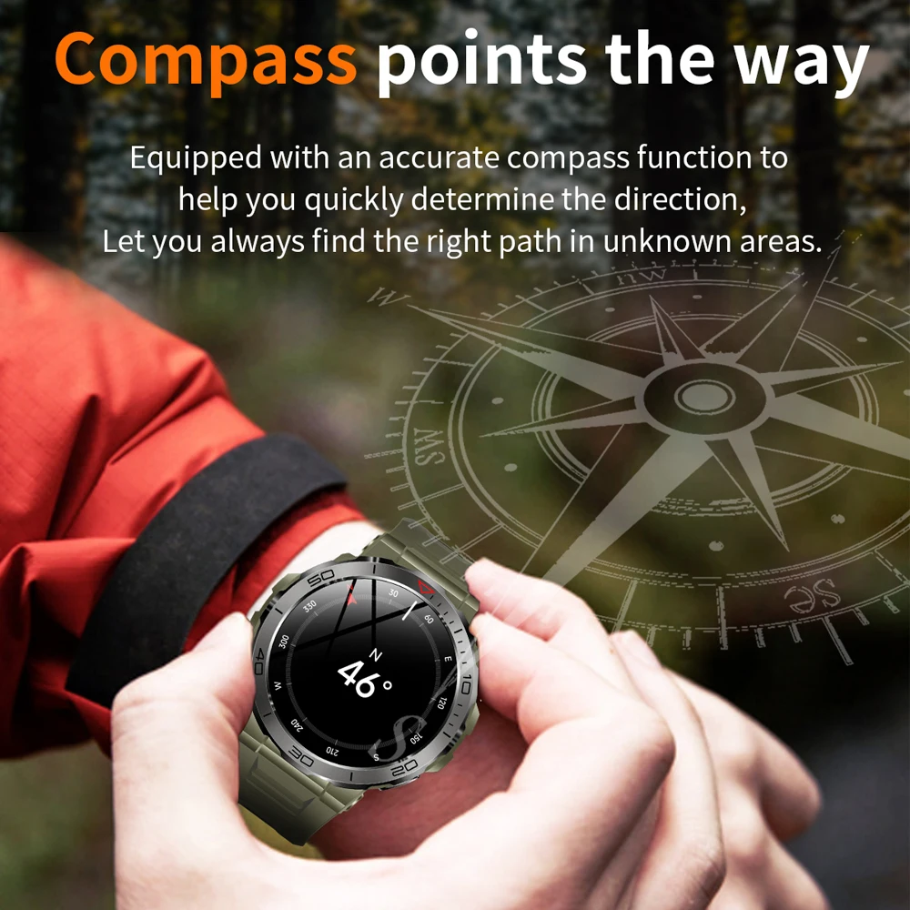 Outdoor Compass Smartwatch Men 1.43 Inch AMOLED Screen GPS Motion Tracking IP68 Waterproof Bluetooth Call Smart Watch For Huawei