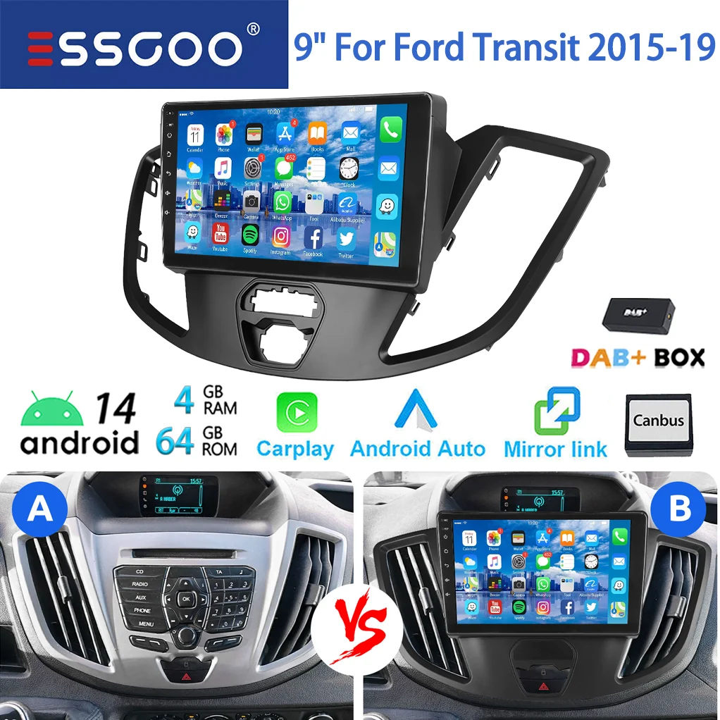 9 "Touchscreen Android 14 Autoradio Per Ford Transit 2015-19 Wireless CarPlay Android Auto GPS di Navigazione GPS WiFi FM USB