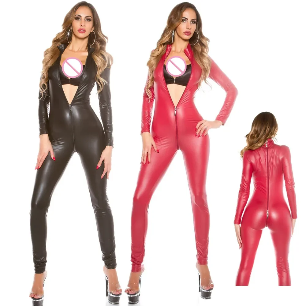 Shiny Wetlook Faux Leather Bodysuit Sexy Women Elastic 2way Zipper Open Crotch Jumpsuit Nightclub Dance Wear Erotic Lingerie