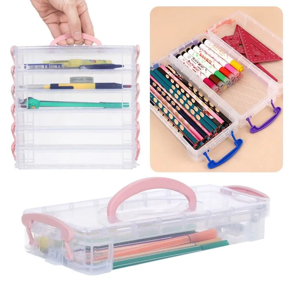 Multi Layer Portable Pencil Case Stackable Detachable Paintbrush Storage Box Plastic Material Transparent Design