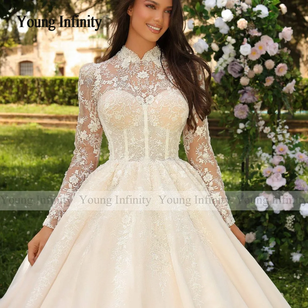 Vestido de baile gola alta com renda, mangas compridas, vestido de noiva vintage, vestidos de casamento brancos, apliques luxuosos, 2024