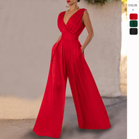 2025 Fashion Summer New Pattern Slim Jumpsuits High Waist V-Neck Sleeveless Straight Trousers Solid Color Womens Clothing