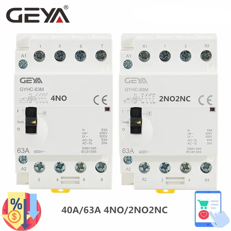 GEYA GYHC 4P 63A 2NC2NO ou 4NO 220V/230V 50/60HZ Rail Din contacteur modulaire AC domestique fonctionnement manuel