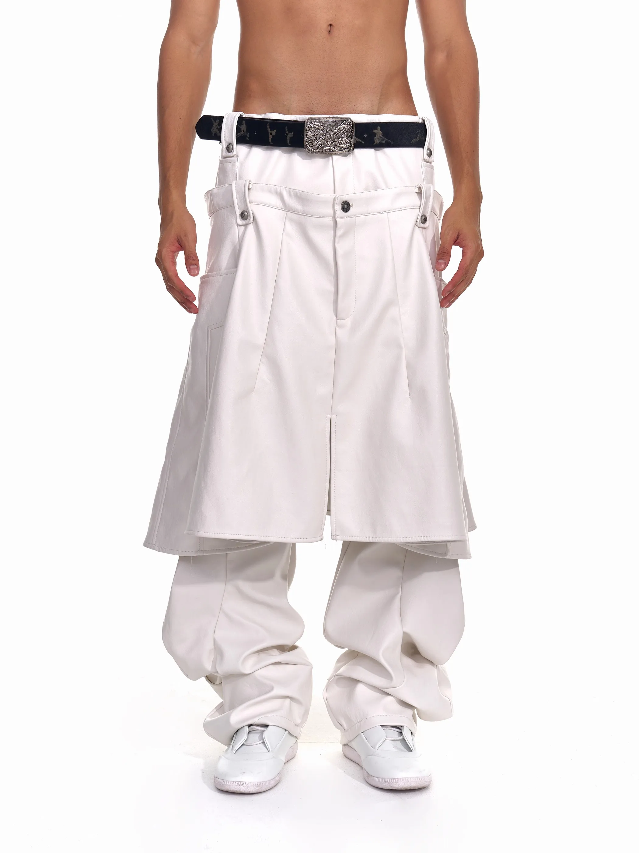 Mauroicardi Autumn Long Baggy White Pu Leather Wide Leg Cargo Pants Men with Detachable Skirt Luxury Designer European Clothes