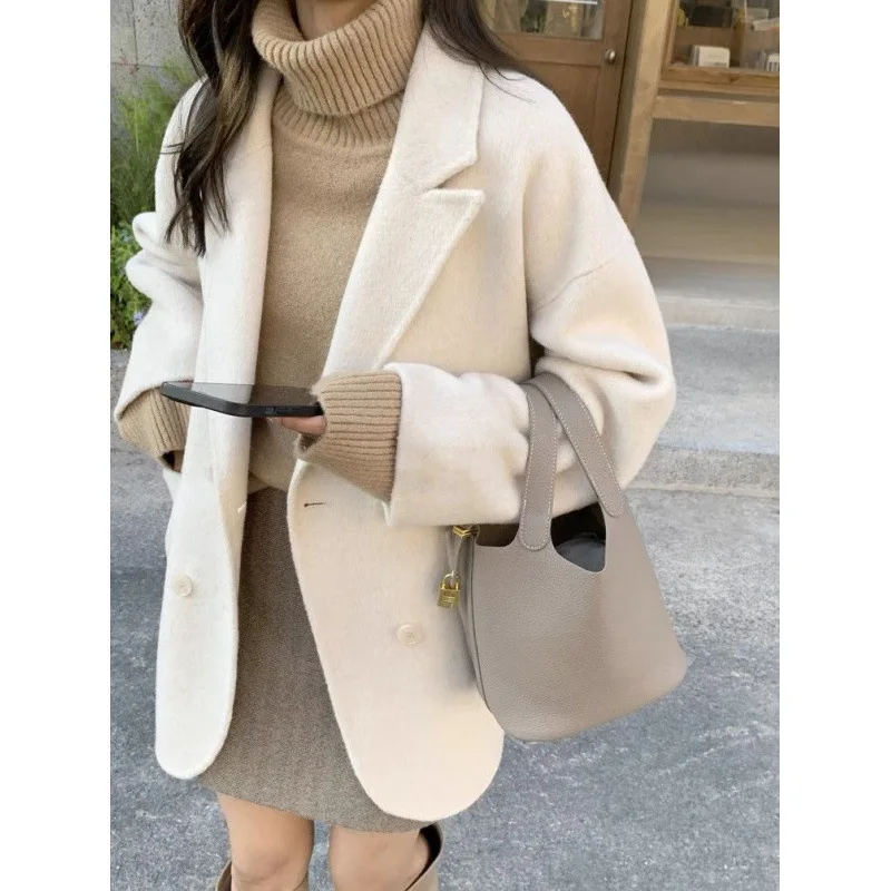 European station winter new double-sided sheep wool coat for women, short double-breasted loose version blazer for women