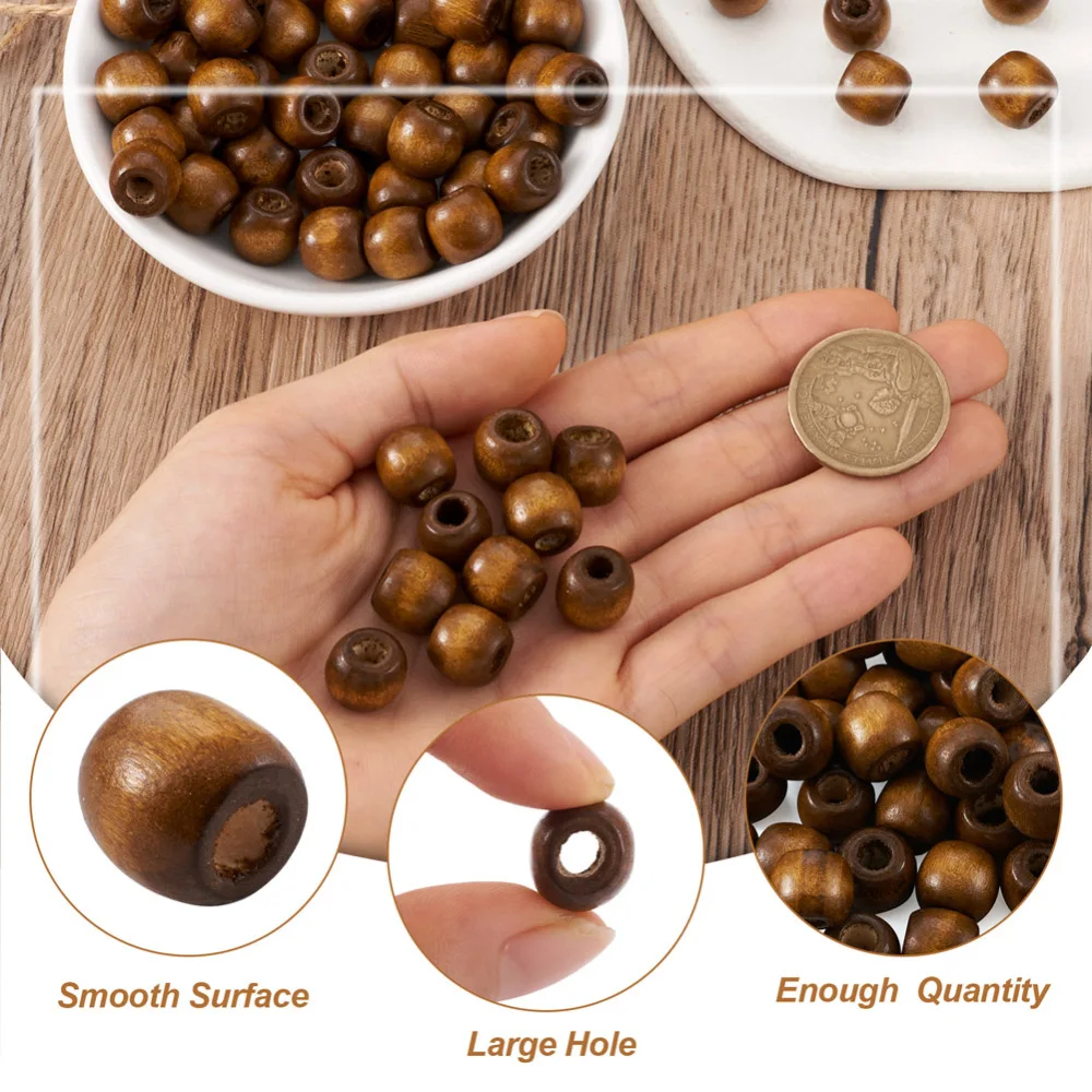 100-200Pcs Natural Wood Beads Big Hole Rondelle Wooden Spacer Beads Balls for Crafts DIY Macrame Bracelets Coconut Brown 12x11mm