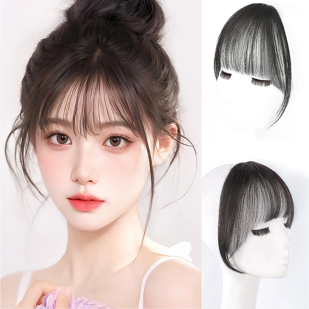 100% Human Hair Bangs Natural Brown Wispy Bang Hair Clip in Bangs Fringe with Temples Hairpiece for Women Clip on Air Bang