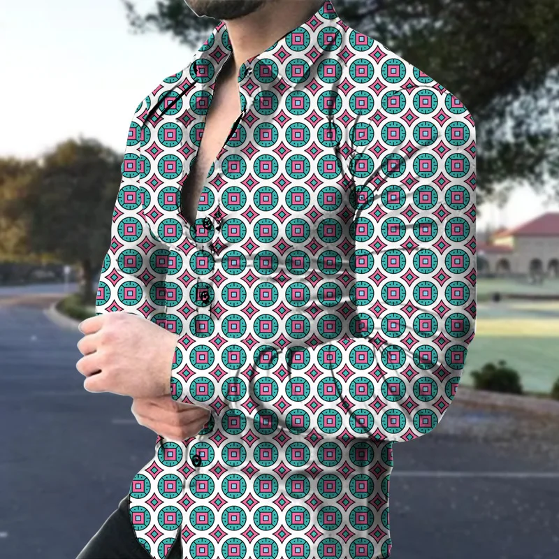 Csa Masculina de Manga Longa com Estampa Floral Vintage, Ajuste Padrão, Tecido Impro, Material Diverso, 00% para Uso n...