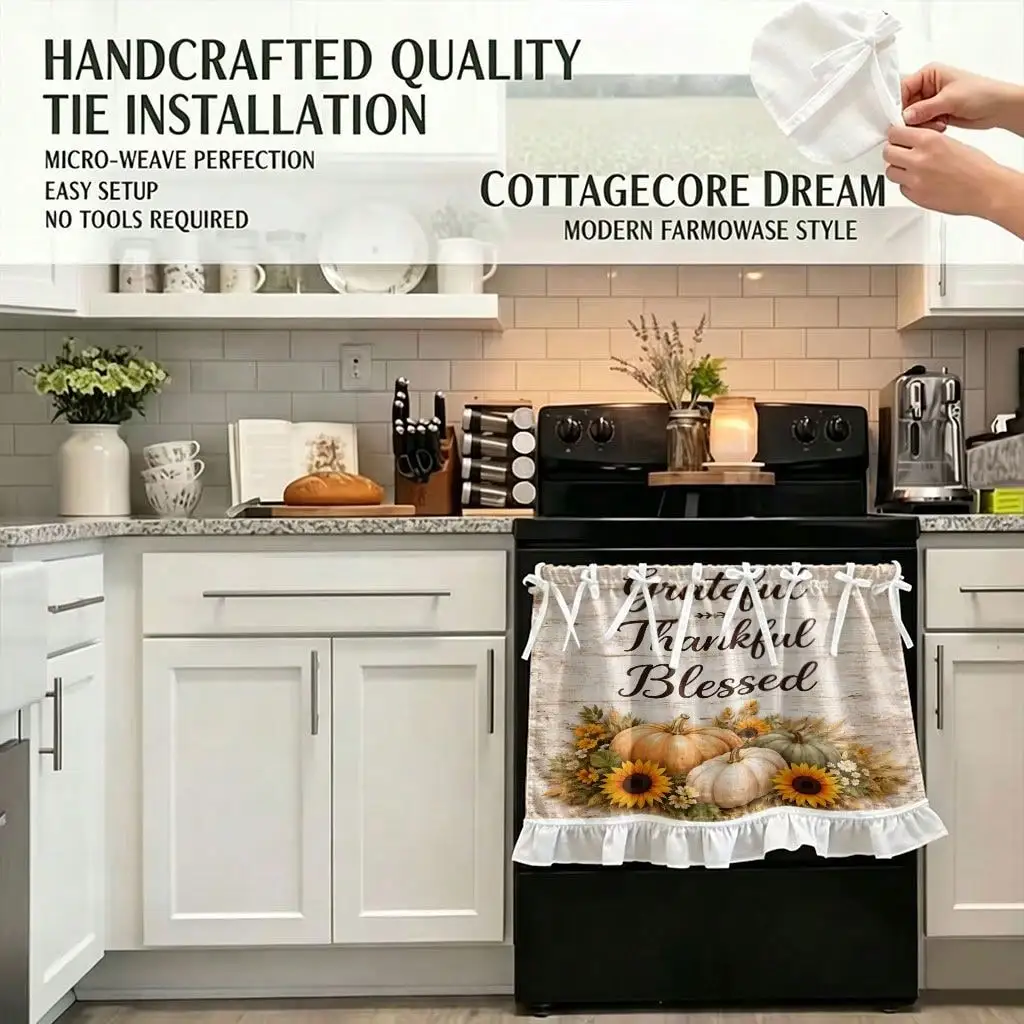 2D Flat 1pc Farmhouse Retro Kitchen Stove Oven Valance Curtain Skirt, 2D Flat Grateful Thankful Blessed Pumpkin Sunflower Dishwasher Microwave Cabinet Kitchen Sink Multi-Functional Protective Curtain, Kitchen Decoration