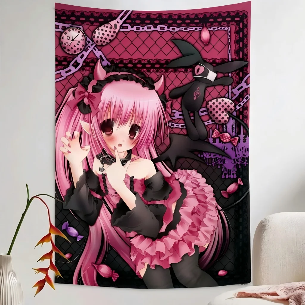 Y2K Gothic Anime Girl Tapestry, Pink Devil Lolita Doll Bunny Toy Lace Chain Aesthetic Wall Hanging, Dorm Bedroom Home Decor