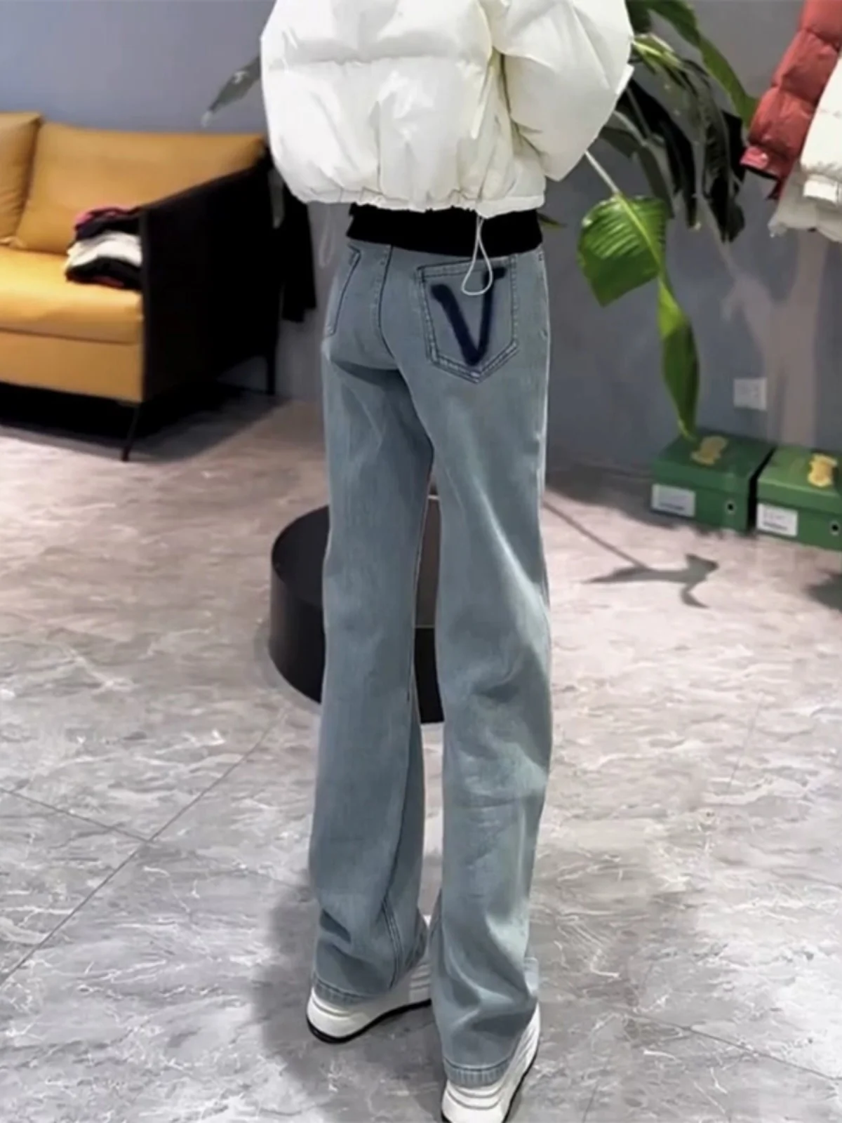 Blue Slim Fit Straight Leg Jeans Women's plus Size Spring 2024 High Waist Cotton Polyester Blend Long Pants plus Size Faion