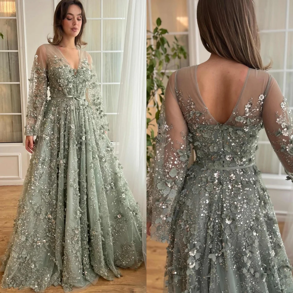 

Customized Light Green Organza Evening Dress Exquisite V-Neck Long Sleeves Prom Dress Sweep Train Zipper Back Party Dress