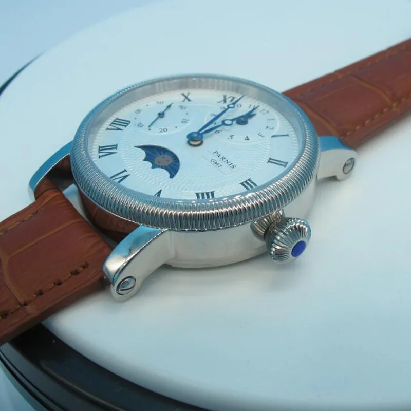Parnis 43mm caixa de prata mãos azuis relógio masculino pulseira de couro gmt fase da lua mecânica mão vento relógios masculinos reloj hombre 2025