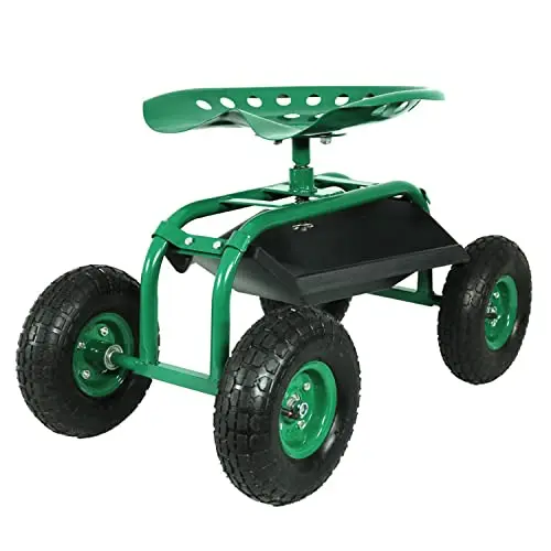 Sunnydaze Rolling Garden Cart with Swivel Seat and Storage, Green | Steel Rolling Gardening Seat with Utility Tray, and