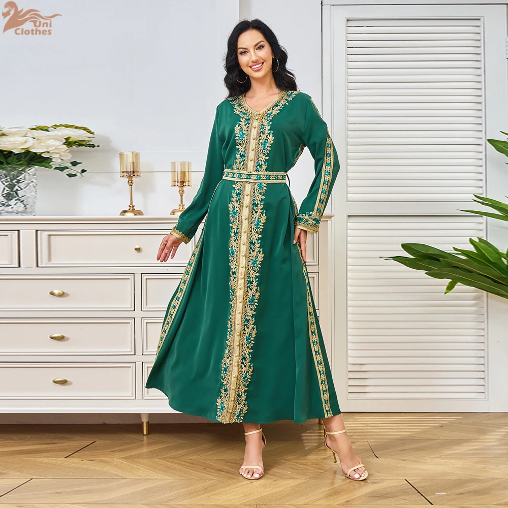 

Eid Embroidery Arab Muslim Party Dress for Women Abaya Jalabiya Long Dresses Belted Kaftan Vestidos Dubai Ramadan Gown Robe