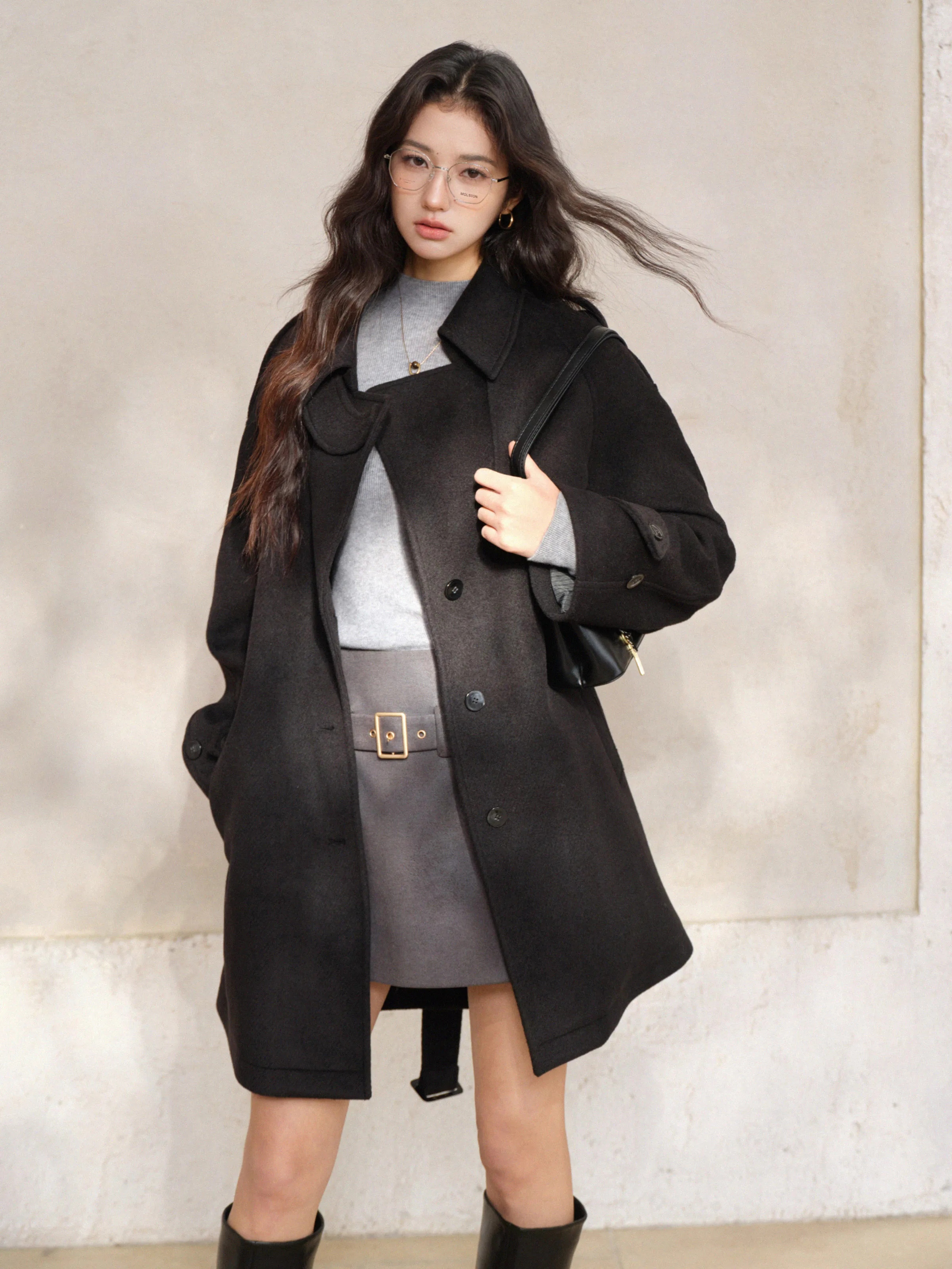 Vintage Lapel Cape Coat for Women Lady Winter Mid-Length Belted Outerwear Loose Fit Elegant Warm Commuter Daily Wear Style Look
