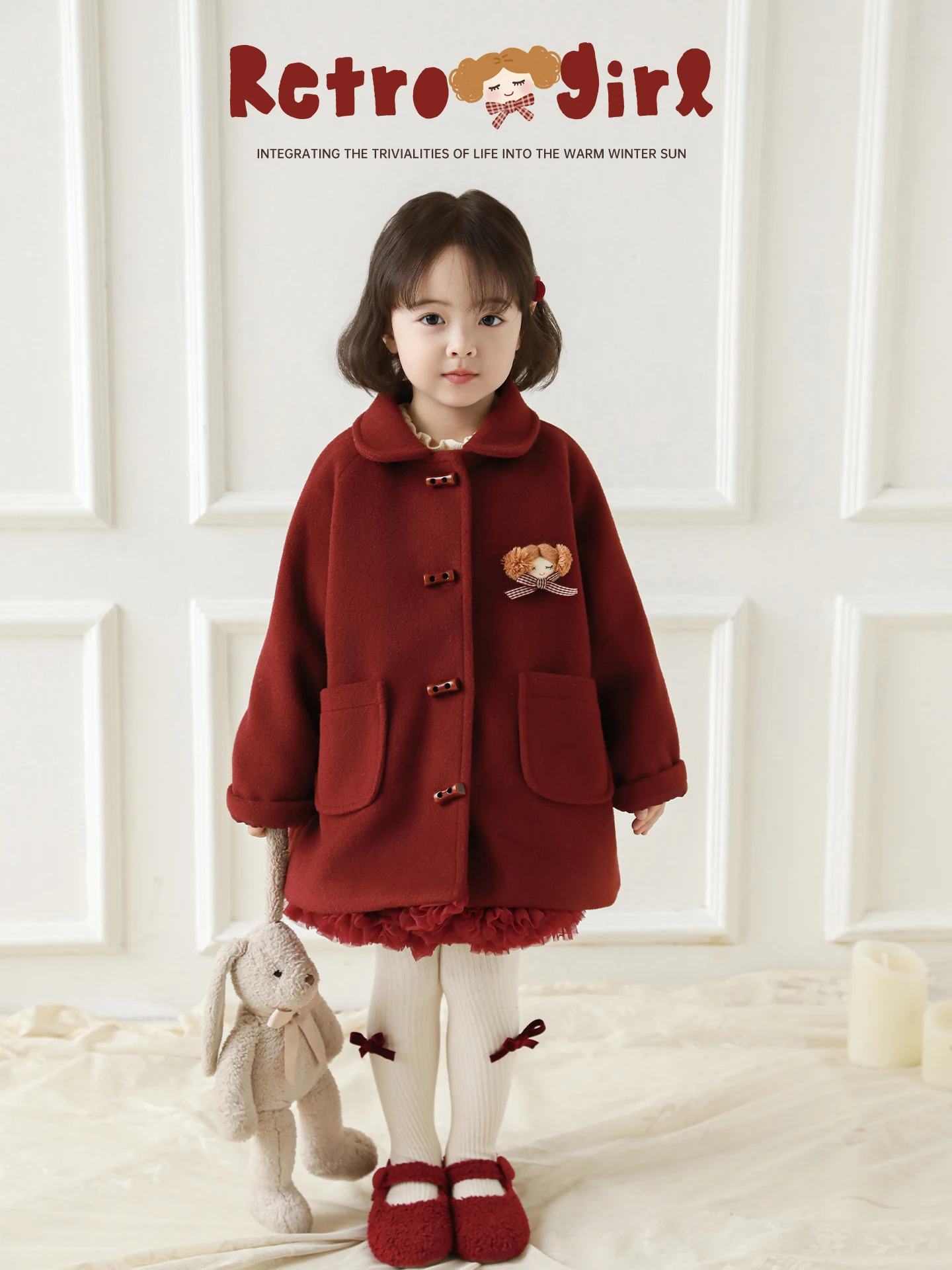 New 2025 Winter Girls Dolly Collar Mid Long Nano Velvet Coat Skin Soft Warm for 1-7 Years