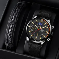 2PCS Set Fashion Mens Sports Watches Man Business Leather Bracelet Quartz Watch Luxury Men Casual Luminous Clock Reloj Hombre