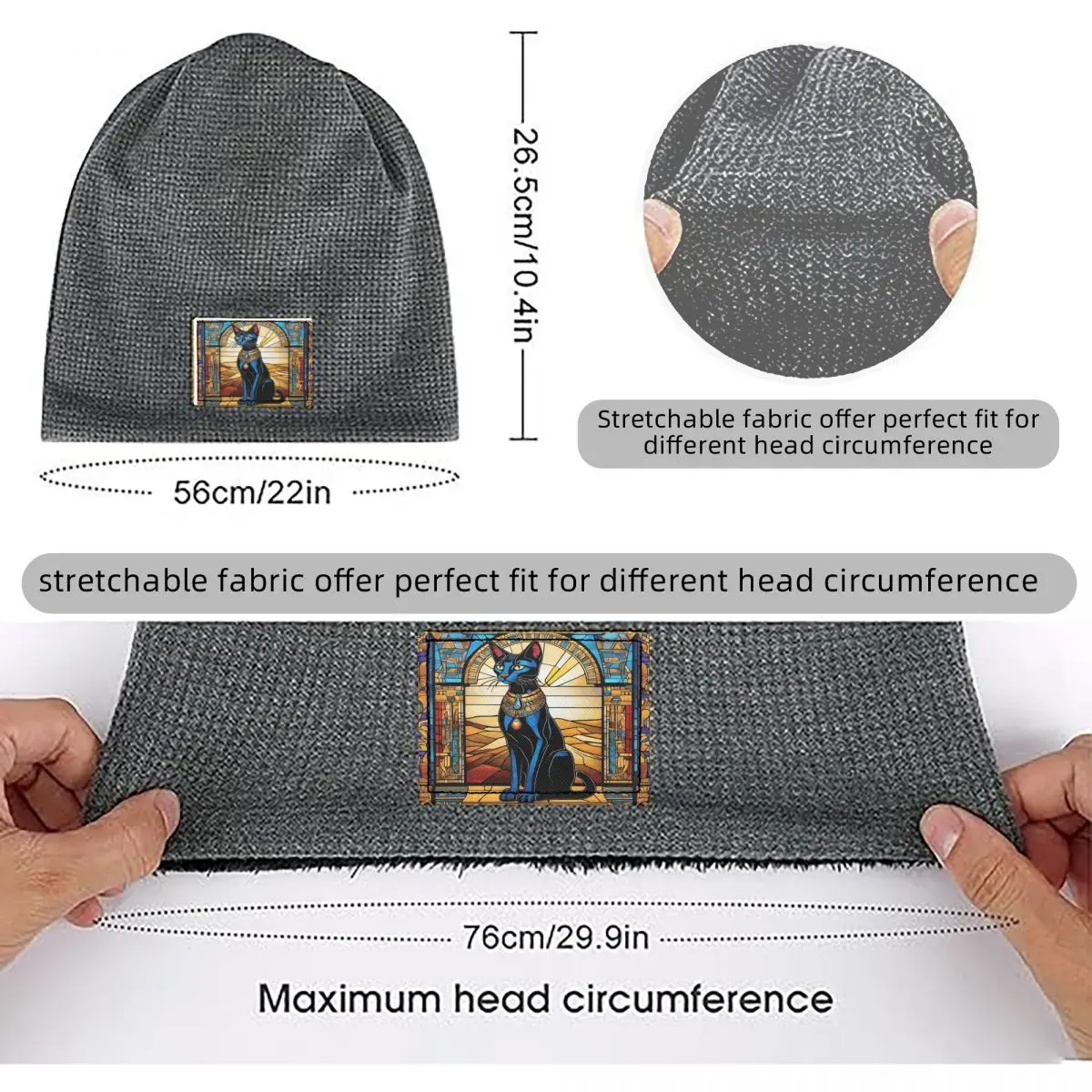 Egyptian Cat. Waffle Knit Fleece Lined Beanie with PU Leather Patch Unisex Warm Winter Soft Cap