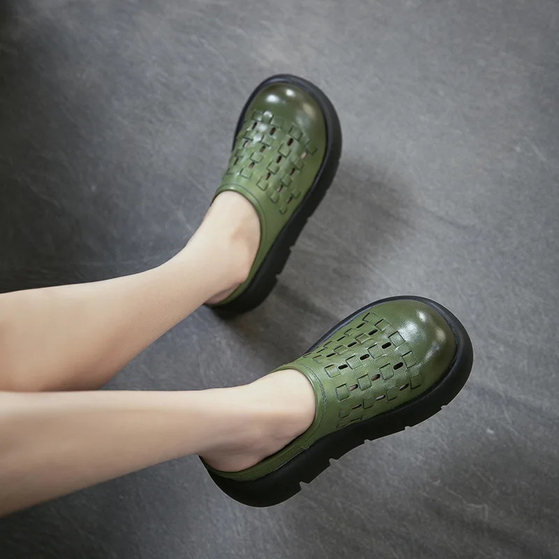 

GKTINOO Genuine Leather Retro Woven Round Toe Women's Platform Slippers 2026 Summer New Lightweight Thick Soled Slip-on Shoes