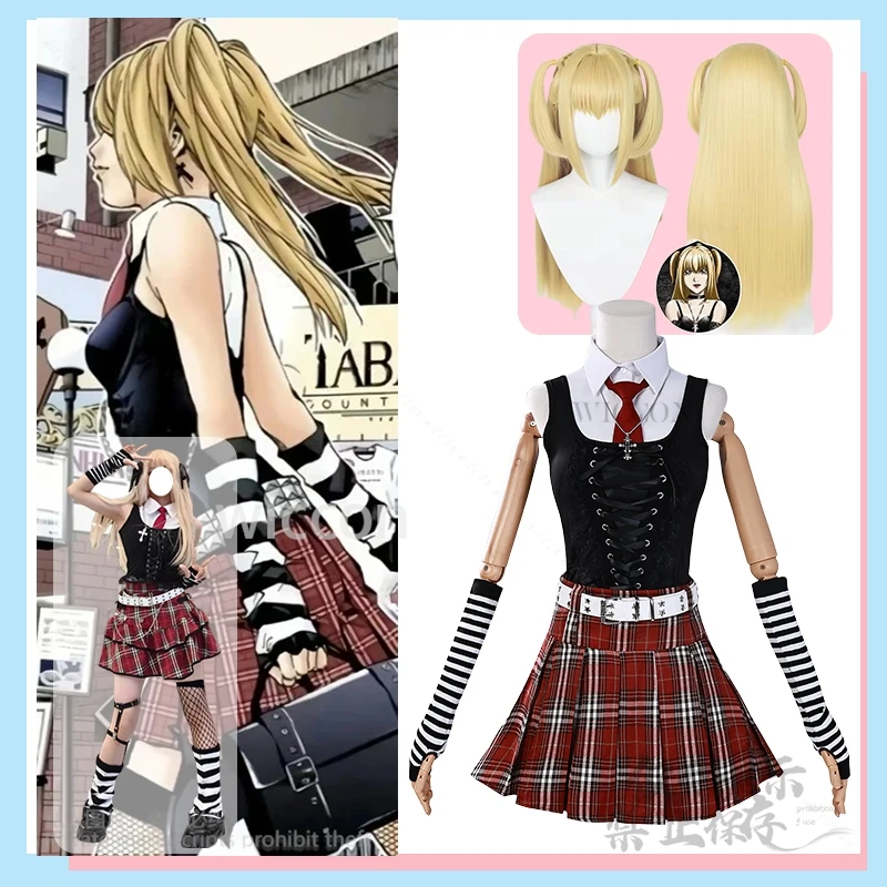 Disfraz de Anime Misa Amane Cos estilo japonés Y2K Jirai Kei JK vestido escolar de cuero collar conjunto completo pelucas mujeres Halloween