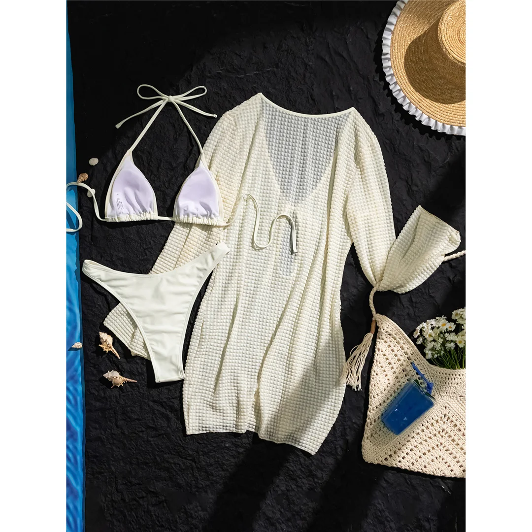 Mit langem Überwurf, Neckholder-Bikini, Damen-Badebekleidung, dreiteiliger Bikini-Set, Badeanzug, Badebekleidung, Schwimmanzug V7627 – Detail 8