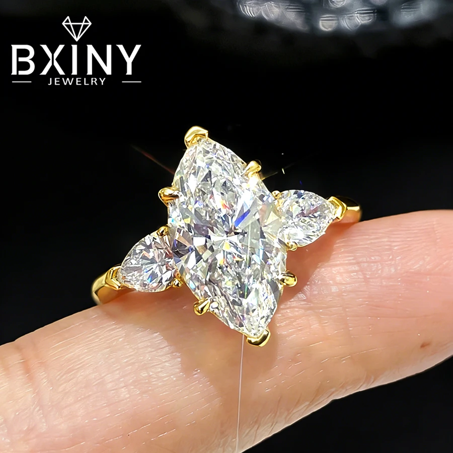 

BXINY 3-Stone Marquise Cut Moissanite Rings 925 Sterling Silver for Women 1/2/3Carat Lab Diamond Wedding Band Gifts Fine Jewelry