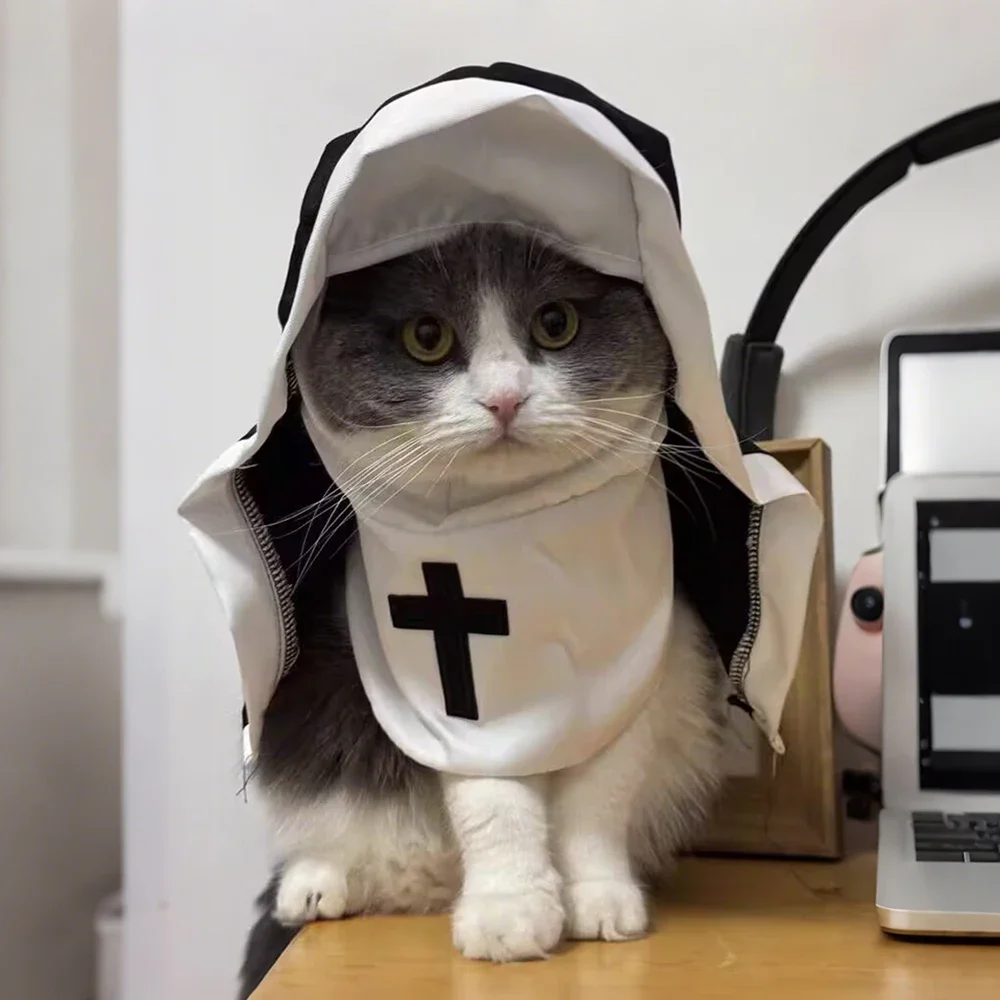 Halloween-Katzen-Nun-Kostüm, Jesus-Kreuz-Muster, Katzenkleidung für kleine Hunde, lustiges, süßes Kostüm für Partys, Overall für Haustiere, Katzenaccessoires. – Detail 8