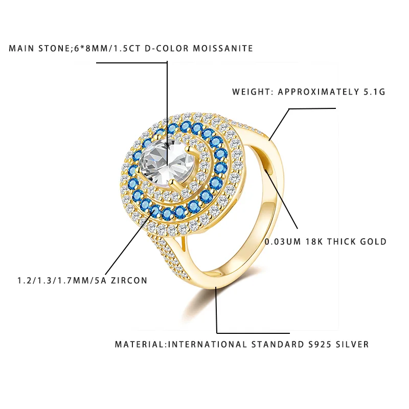 

Кольцо с муассанитом D-цвета 1,5 карата, основной камень 6*8 мм, синий и белый циркон 5А (1,3/1,7 мм), серебрение S925, золото 0,03UM, 18 карат