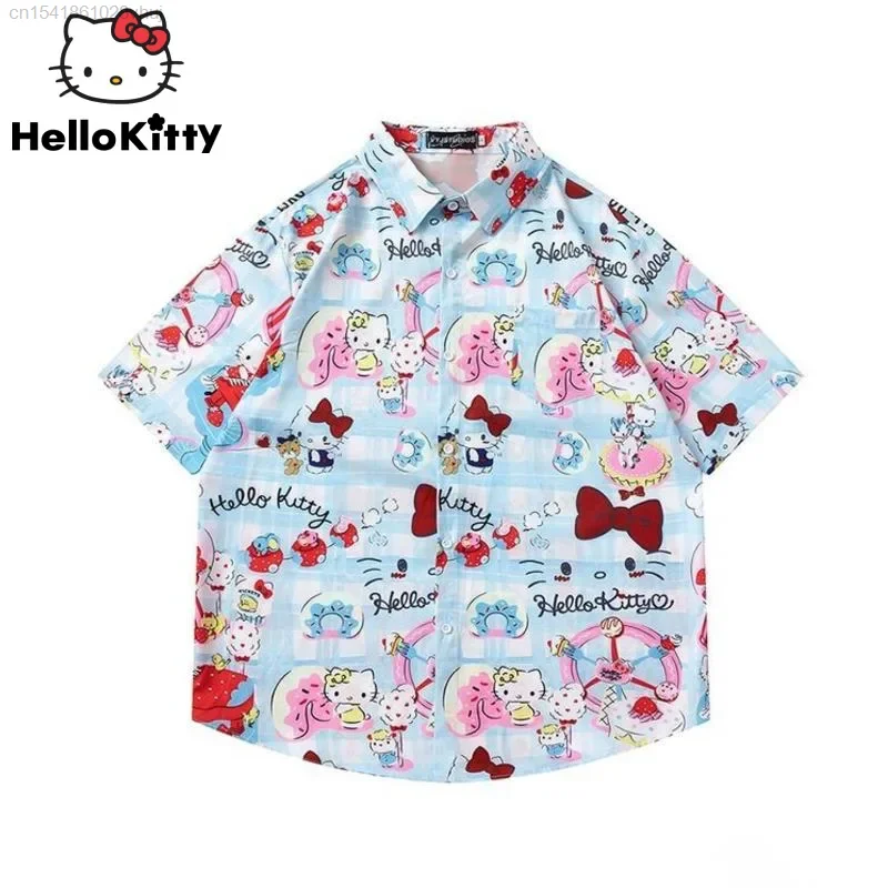 Sanrio Cartoon Hello Kitty Shirt Summer New Casual Hip Hop Streetwear Shirt Women 2000s Y2k Grunge Emo Blouse Korean Fashion Yk2