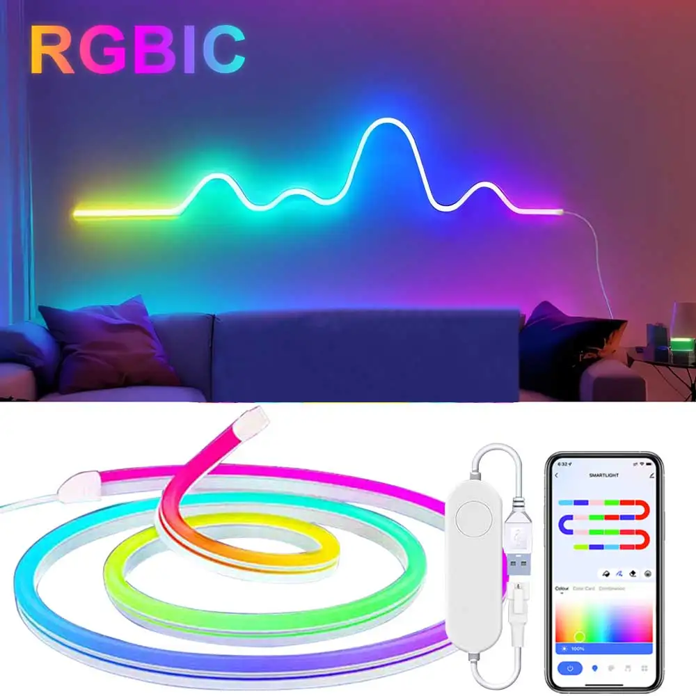 TUYA WIFI Neon Light Strip LED Neon Rope Lights USB 5V Lamp Smart APP Dream Color Waterproof Neon Decor Strips for Home Lighting