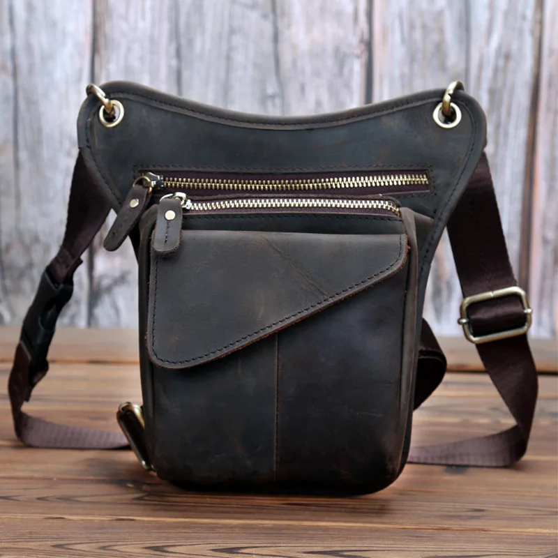 Retro Crazy Horse Leather Waist Bags Men Multi Functional Outdoor Rider Leg Bag Top Grain Genuine Leather Crossbody Waist Pack