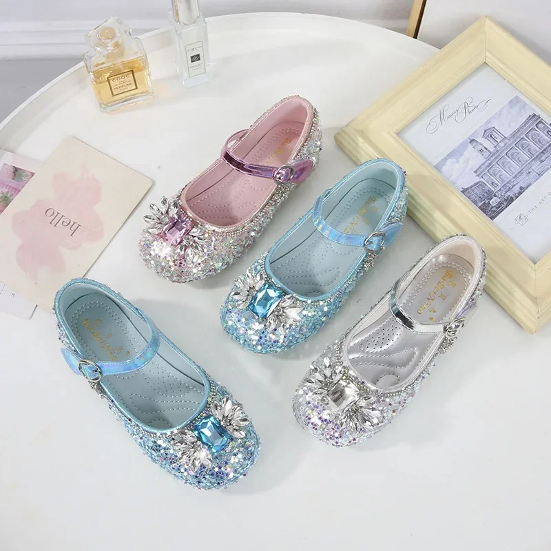 Girls Low heeled shoes Fashion Crystal Leather Kids Performance Shoes New Children Princess Weddings Parties Dances Footwear