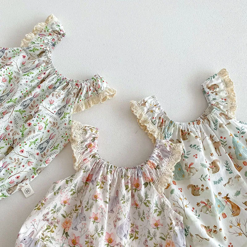 Summer Sleeveless Cartoon Floral Rabbit Toddler Baby Girls Sweet Sling Jumpsuit Lovely Active Girls Overall Outwear