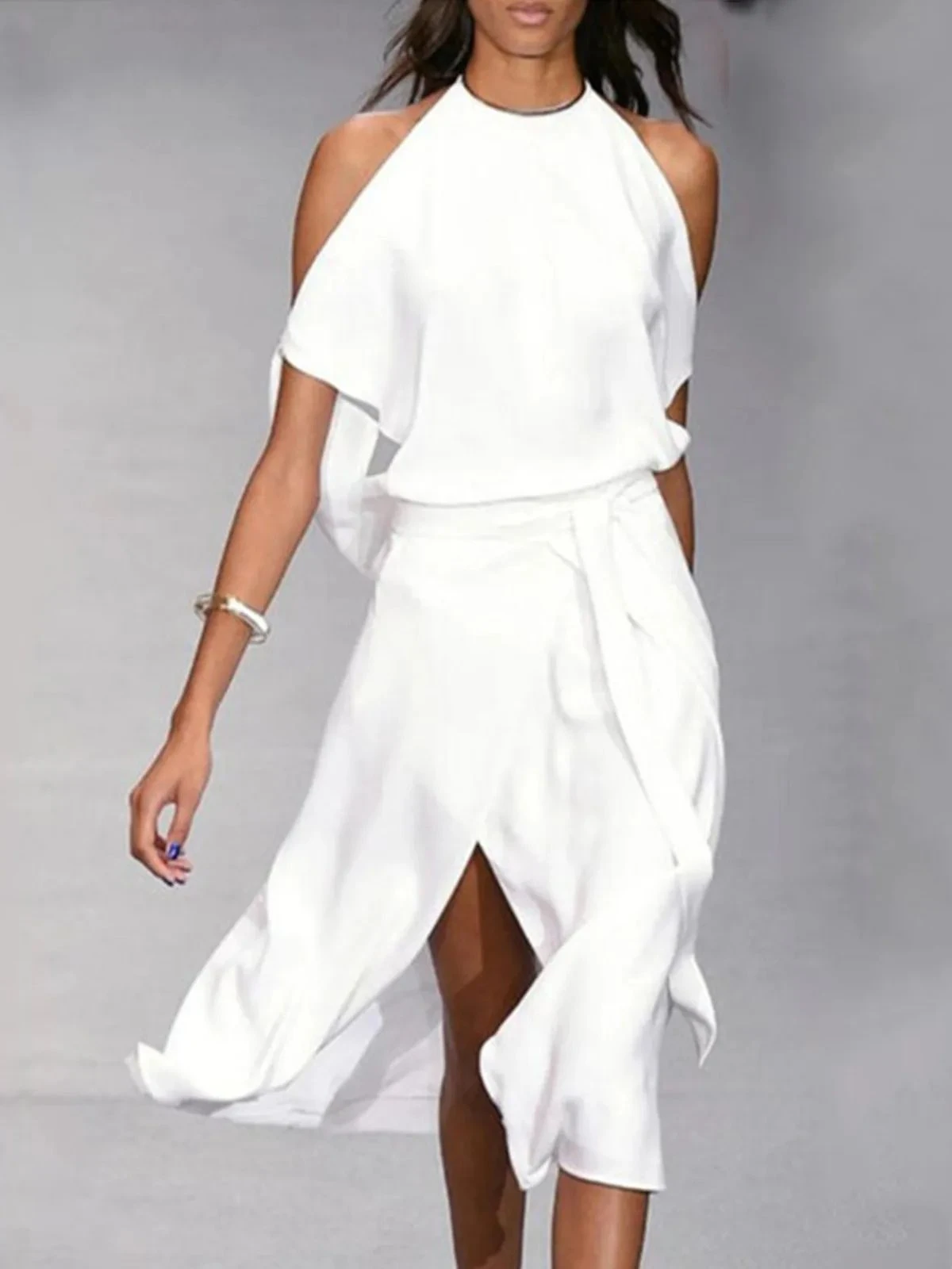 

Color Svel Slit Long Dr Street Sle Svel Split Pure Color Long Dr Women's Summer Midi Dr Belted Waist