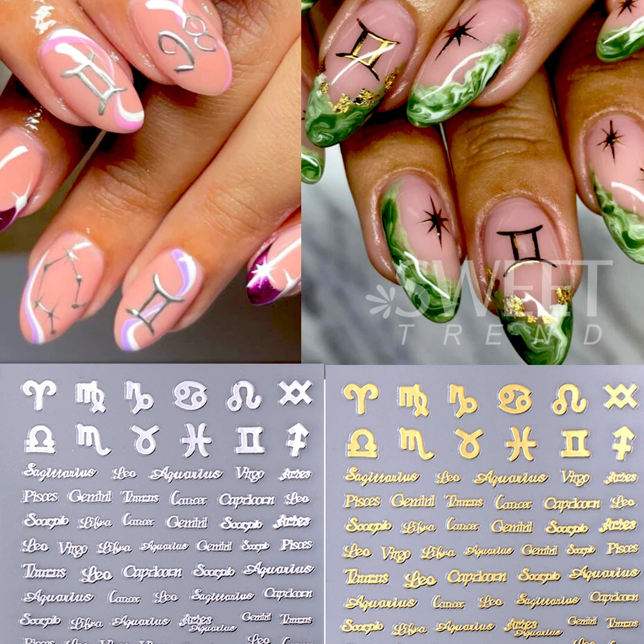 3pcs/set Zodiac Alphabet Symbol Nail Art Stickers Gold Constellation Words Twelve Constellation Nail Decals Manicure Decoration