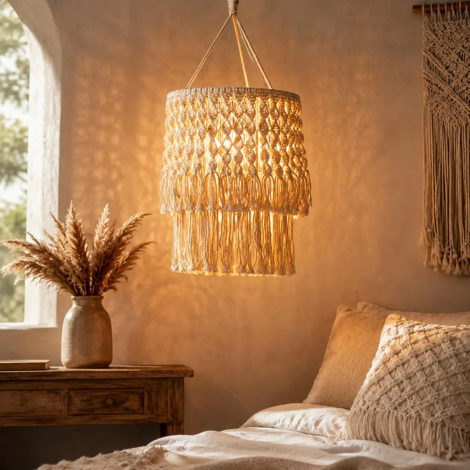 Moroccan Tassel Lamp Ethnic Design Boho Hanging Light Woven Suspended Light Shade Natural Cotton Rope Home Lighting Easy To