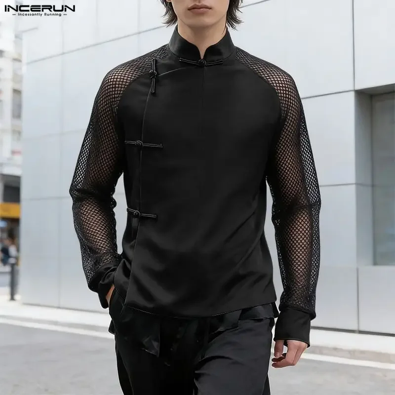 INCERUN Men's Shirt Mesh Patchwork See Through Hollow Out Vintage Menswear Clothing Chinese Style Casual Tops Shirts For Man