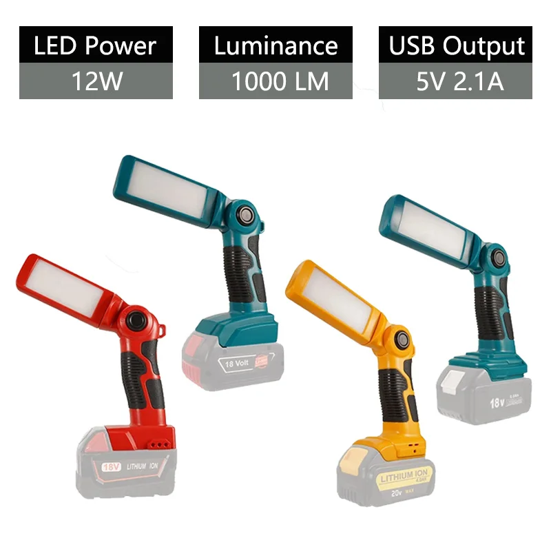 Portátil Led Luz de Advertência Luz Trabalho Iluminação ao ar Livre para Makita Bosch Milwaukee Dewalt Ferramentas Elétricas 18v Bateria Lítio 12w