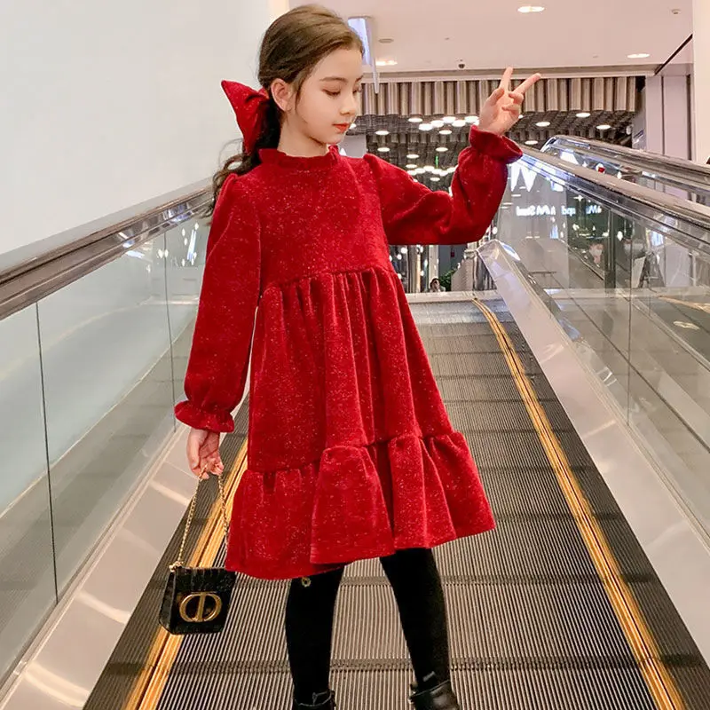 2023 autumn winter Kids Girls solid red glitter lace petal Princess layered Teens Dresses wool velvet Clothes New Year 4 12 year