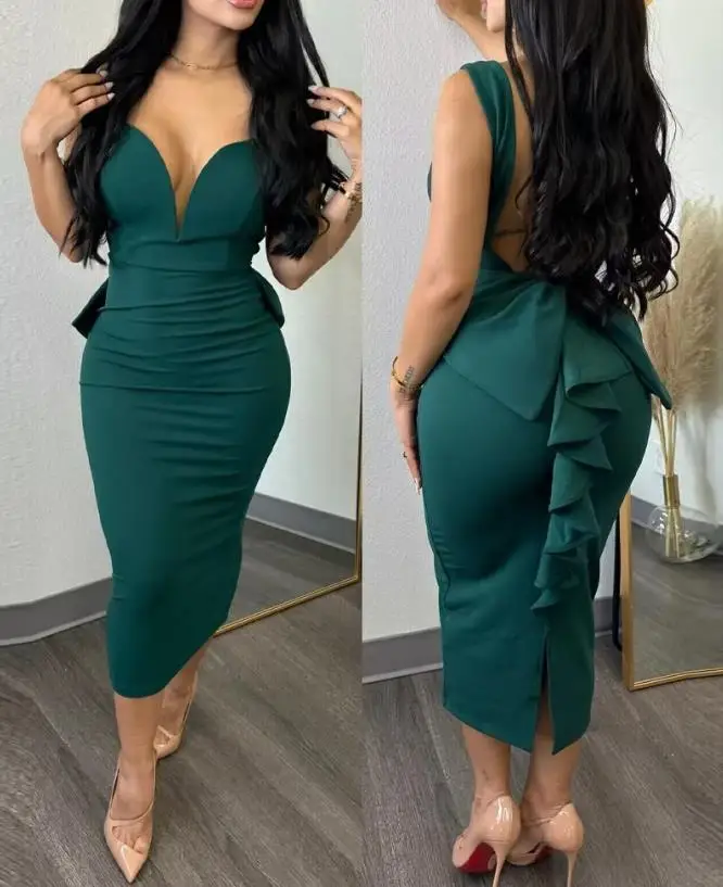 Elegant Dresses for Women Sexy Plunge Ruffle Hem Backless Party Dress 2023 Autumn Summer Spring Fashion Casual