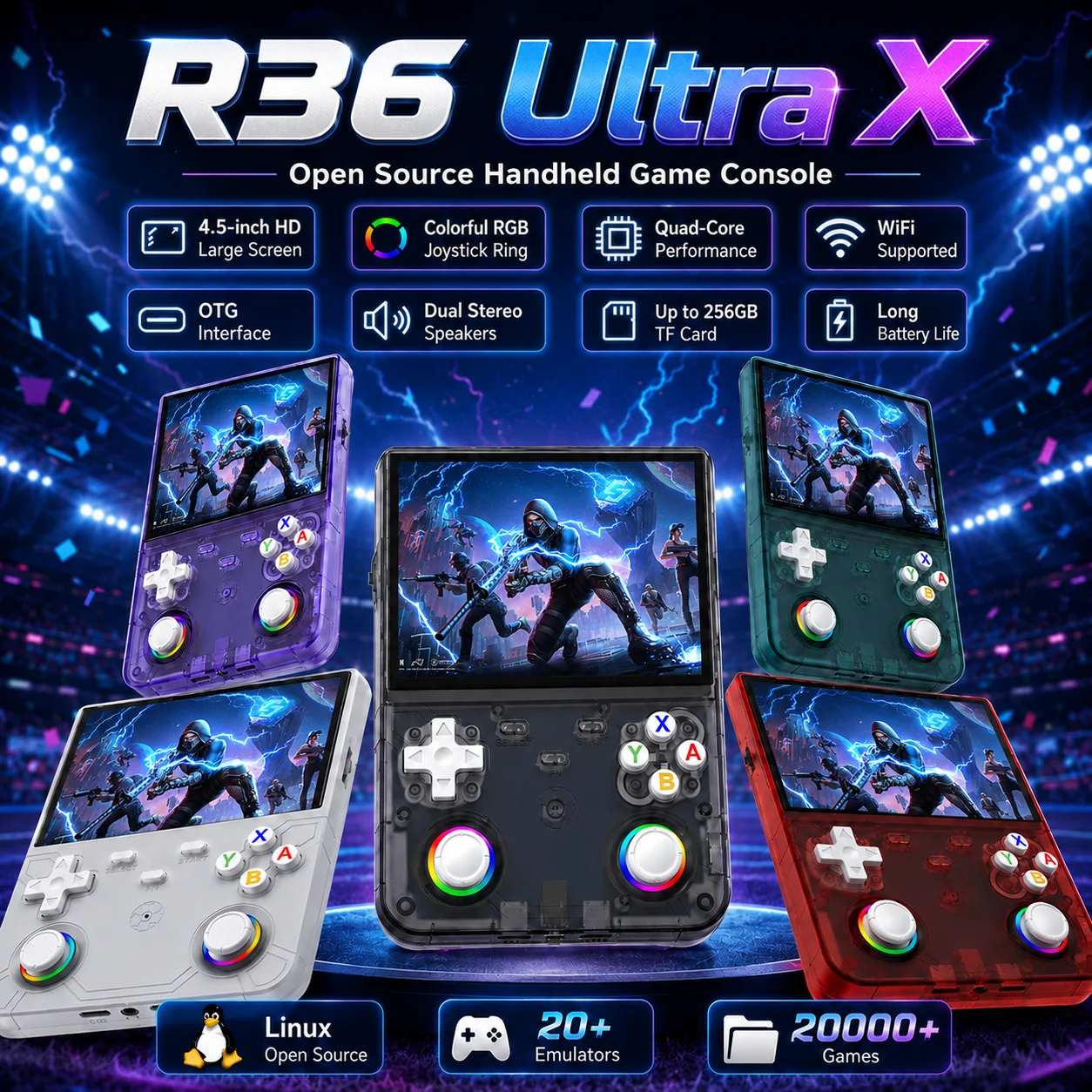 R36 Ultra X Open-Source-Handheld-Spielkonsole Quad-Core-CPU Unterstützt PSP PS1 NDS GBA WiFi Multiplayer Retro-Konsole