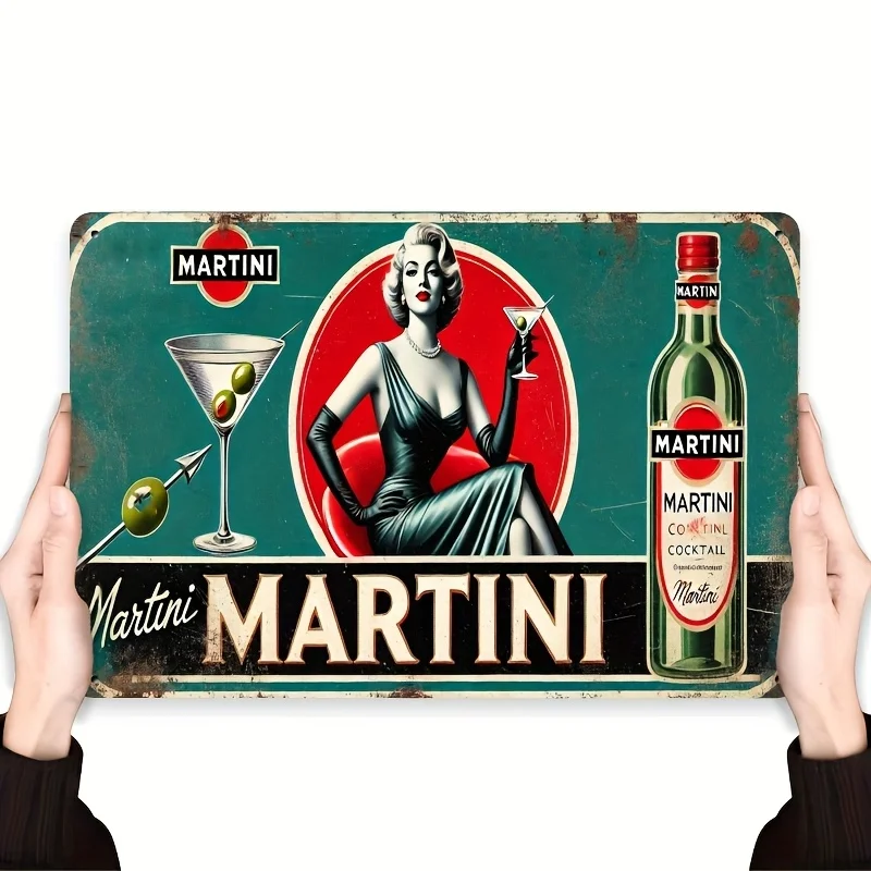 Martini Cocktail Metal Wall Art  - Durable Iron Retro Home Bar Decor with Classic Glass & Bottle Design Easy to Hang Kitchen, Di