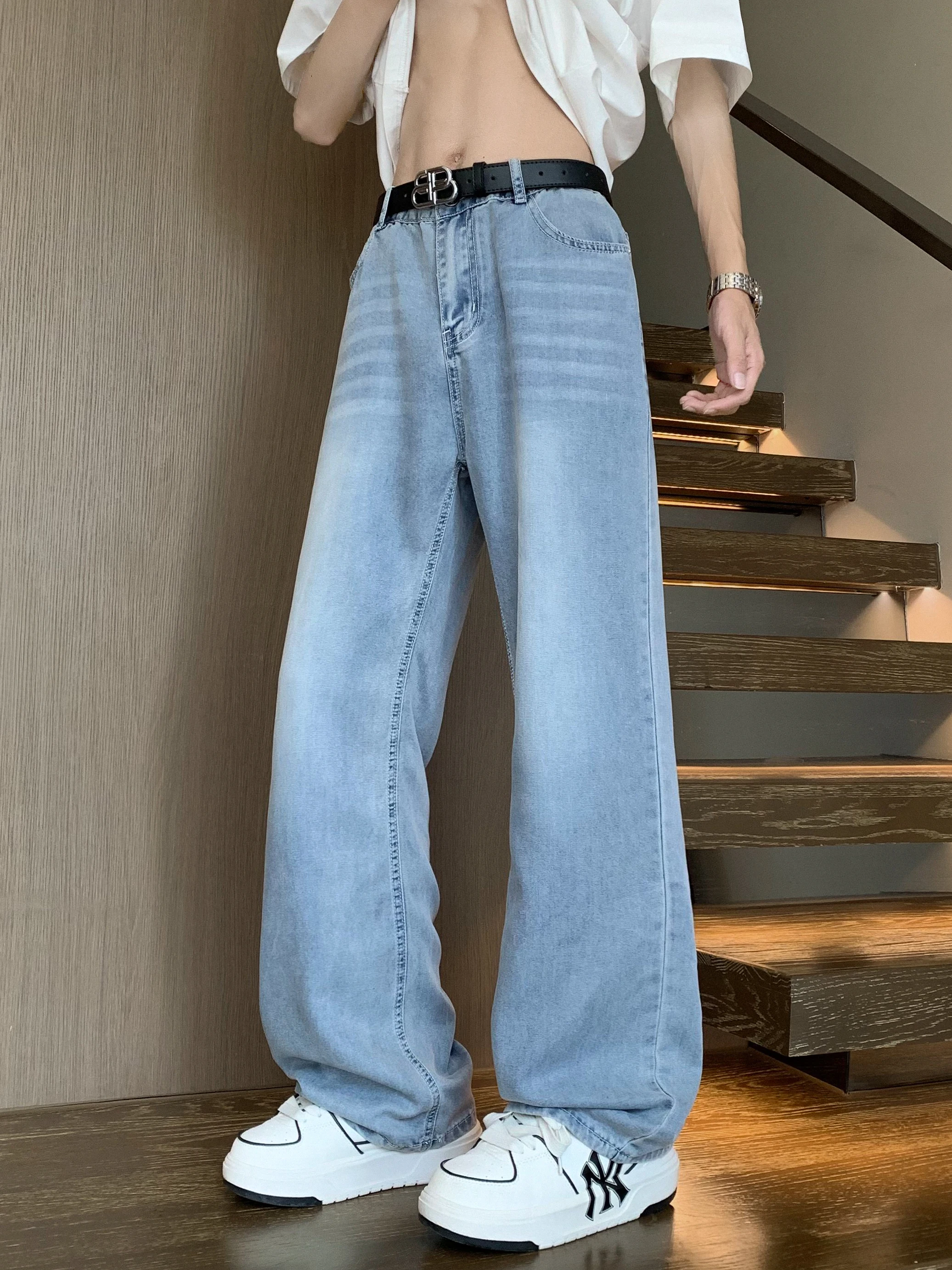 

Lcelulose Ice Silk Men's Jeans Summer Thin American Straight Leg Loose Casual Wide Leg Long Pants Cool Feeling