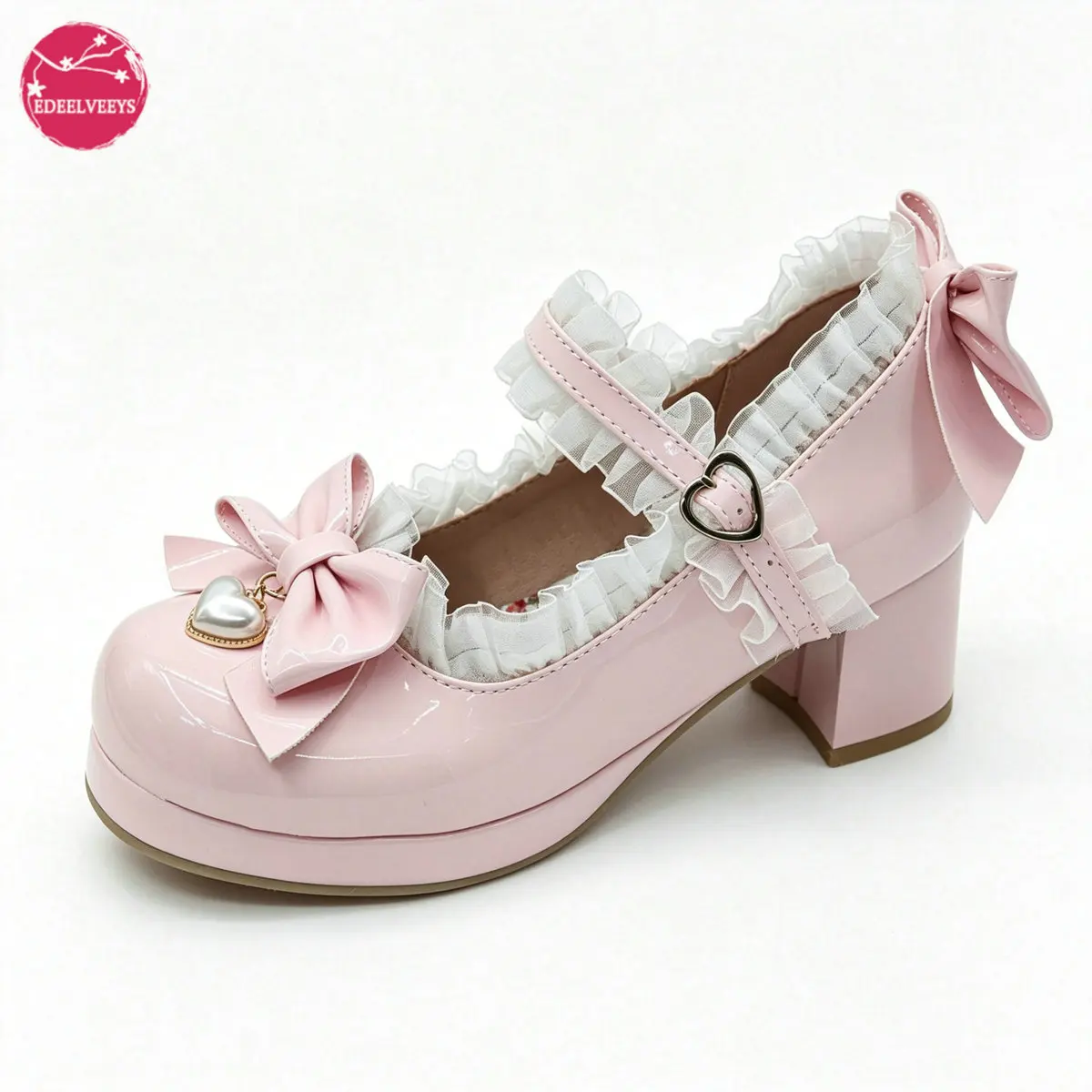 Women Sweet Lolita Mary Jane Platform Shoes Lace Bow Heart Mid Chunky Heels Maid Cosplay Princess Party JK Big Size Zapatos