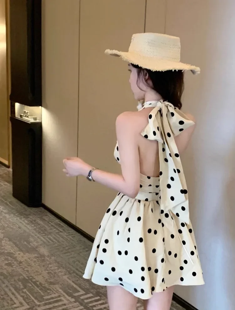 Ezgaga มินิเดรสผู้หญิงแขนกุด Polka Dot BANDAGE Bowknot Halter Backless ฤดูใบไม้ผลิฤดูร้อนปาร์ตี้วันหยุดเซ็กซี่หวานชุด