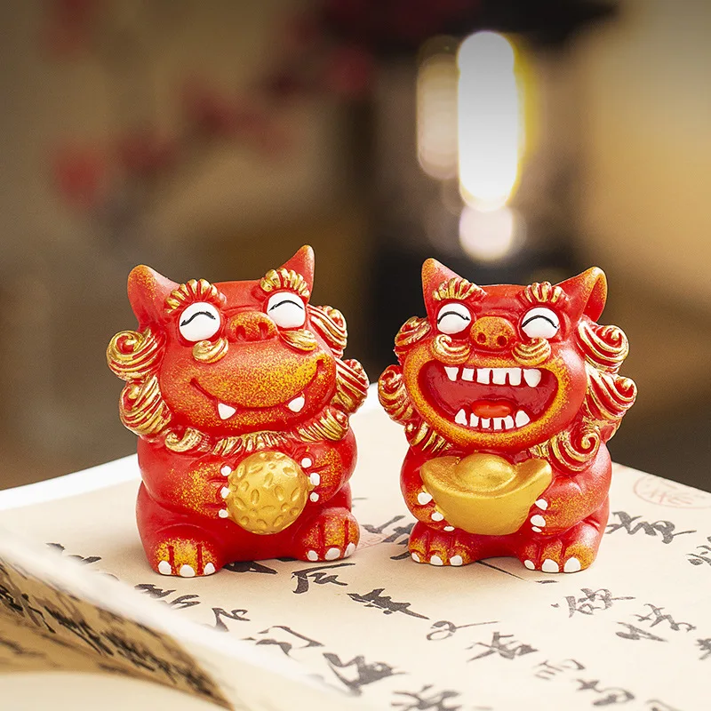 A pair Lucky Stone Lion Statuette Bluestone Carving Chinese mascot Home Room Office Potted Fish Tank OrnamentsHigh quality gifts