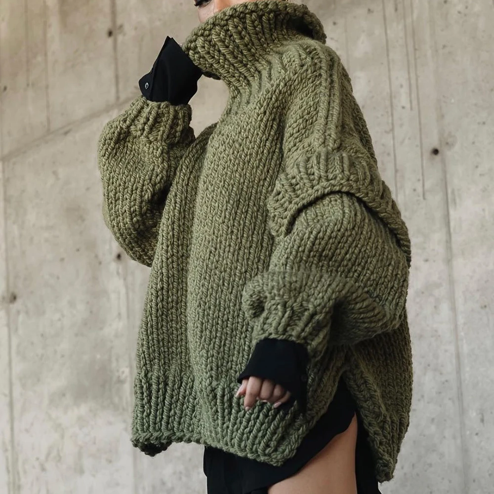 TWOTWINSTYLE Solid Knitting Sweaters For Women Turtleneck Long Sleeve Split Designer pullover Sweater Female Fashion New Clothes